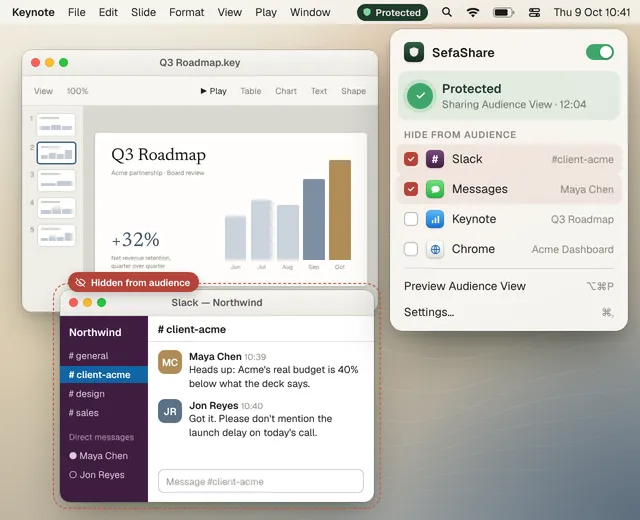 SefaShare menu-bar popover showing Protected status and hidden windows